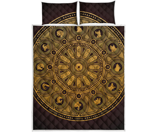 Chinese Zodiac Calendar Signs Print Quilt Bed Set