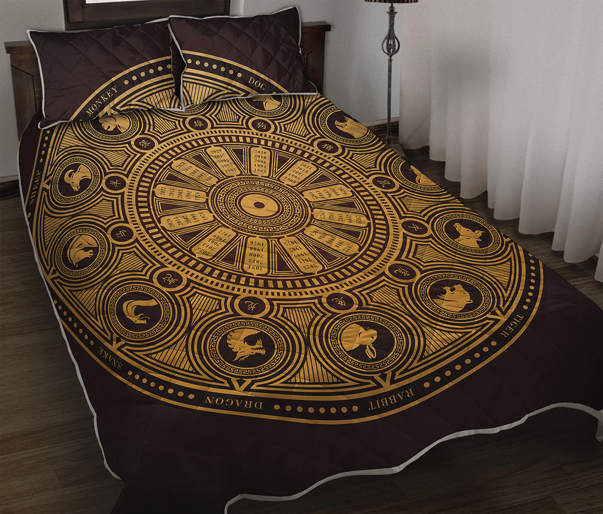 Chinese Zodiac Calendar Signs Print Quilt Bed Set