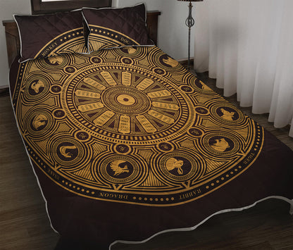 Chinese Zodiac Calendar Signs Print Quilt Bed Set