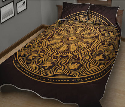 Chinese Zodiac Calendar Signs Print Quilt Bed Set