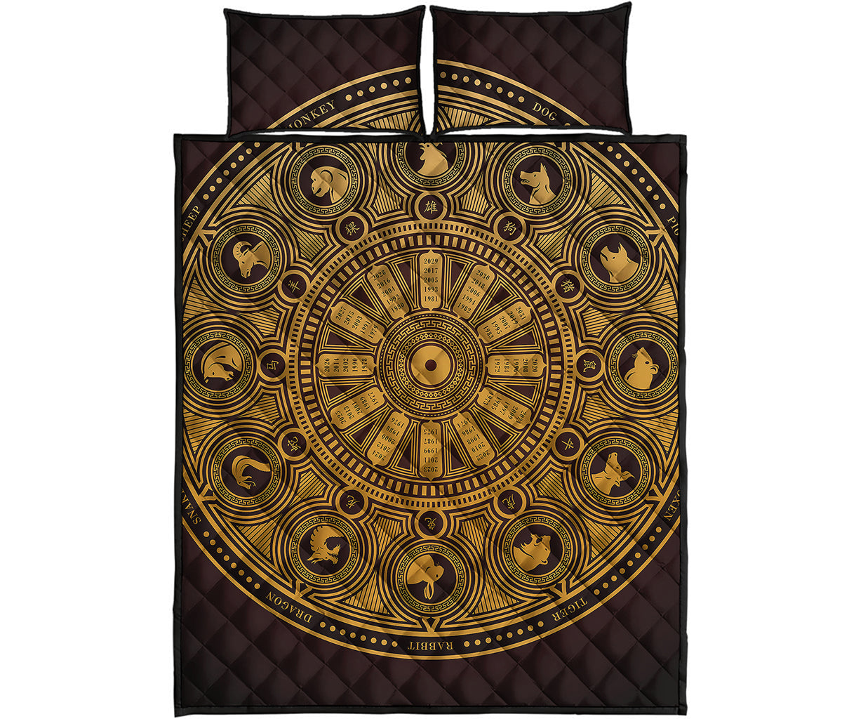 Chinese Zodiac Calendar Signs Print Quilt Bed Set