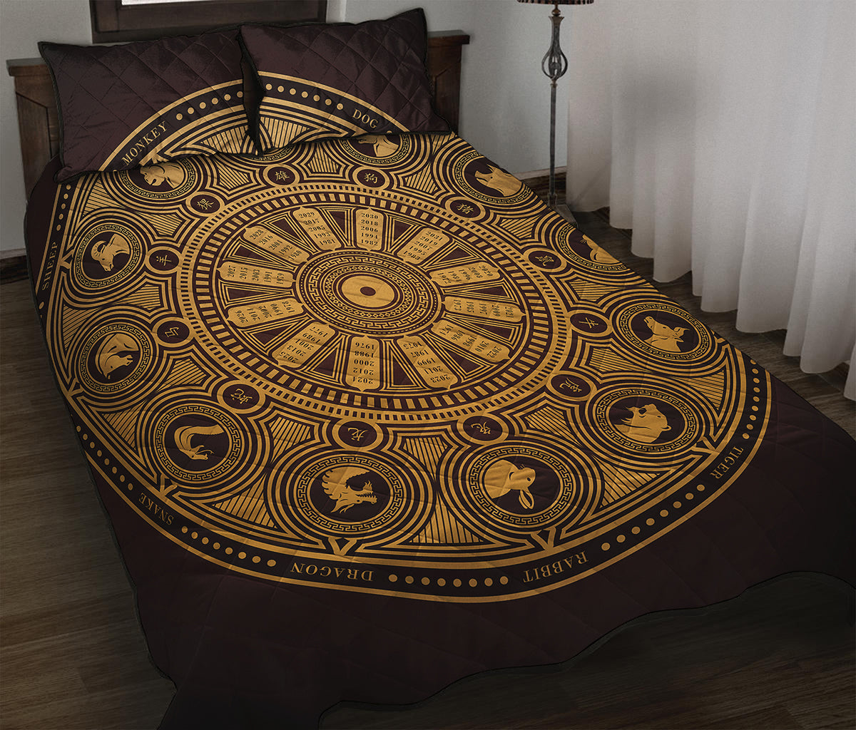 Chinese Zodiac Calendar Signs Print Quilt Bed Set