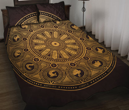 Chinese Zodiac Calendar Signs Print Quilt Bed Set