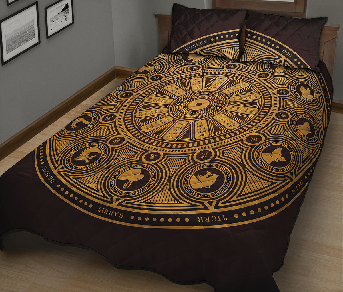 Chinese Zodiac Calendar Signs Print Quilt Bed Set