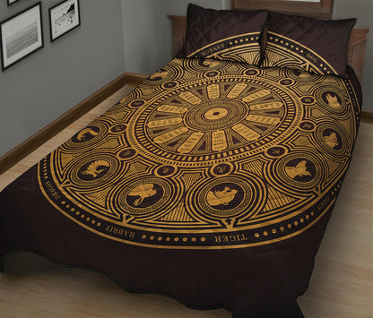 Chinese Zodiac Calendar Signs Print Quilt Bed Set