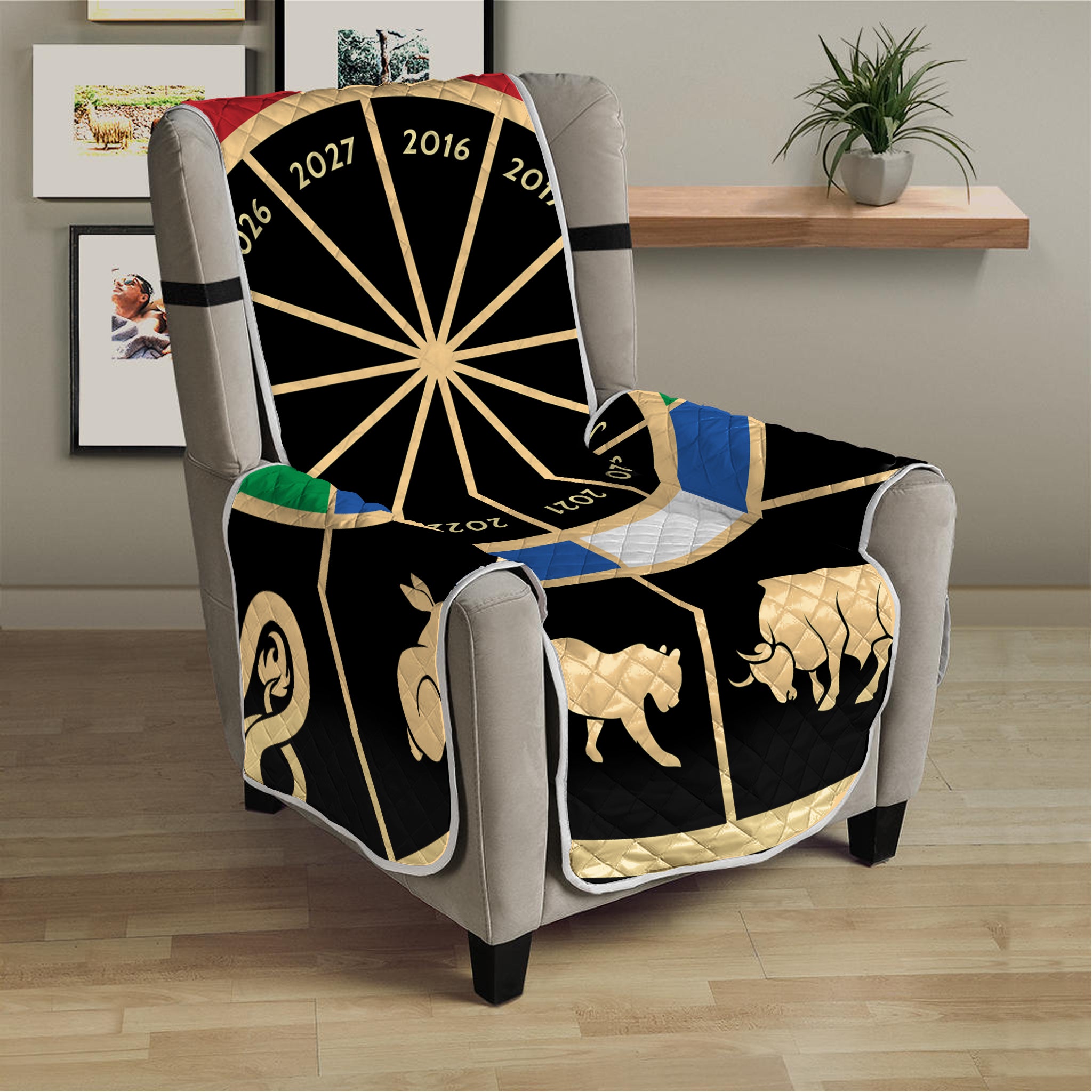 Chinese Zodiac Calendar Wheel Print Armchair Protector