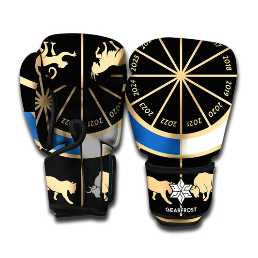 Chinese Zodiac Calendar Wheel Print Boxing Gloves
