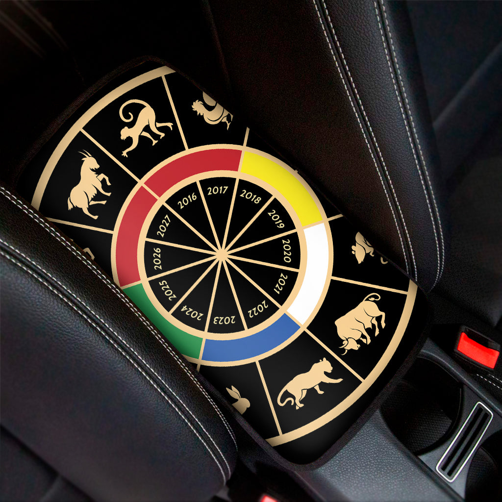 Chinese Zodiac Calendar Wheel Print Car Center Console Cover
