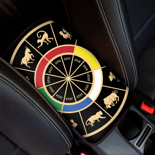 Chinese Zodiac Calendar Wheel Print Car Center Console Cover