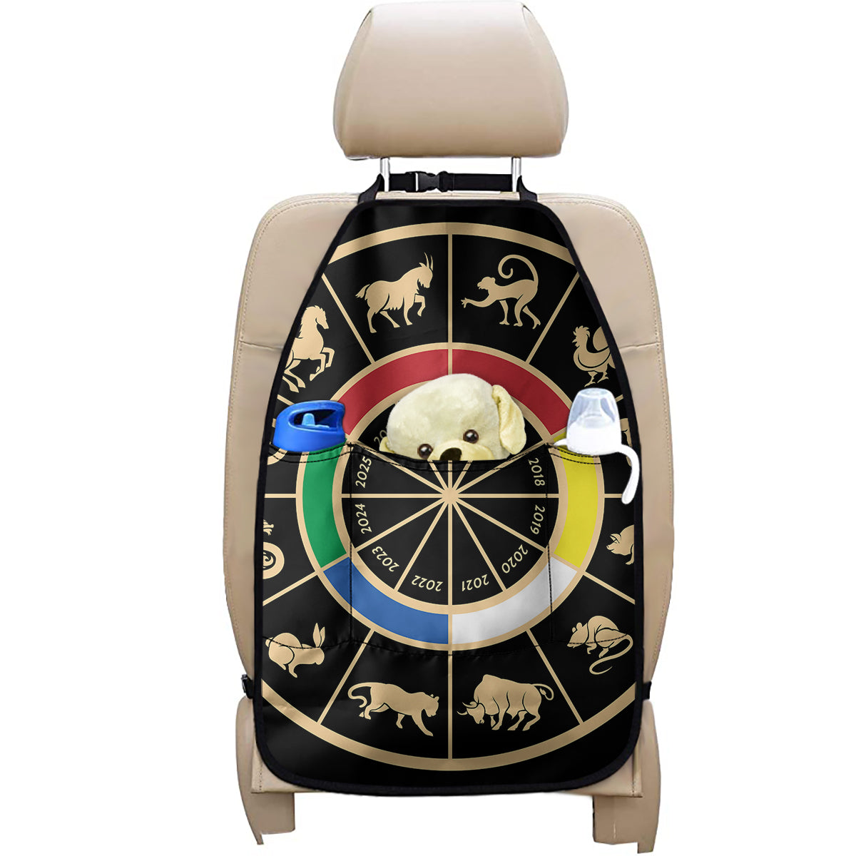 Chinese Zodiac Calendar Wheel Print Car Seat Organizers