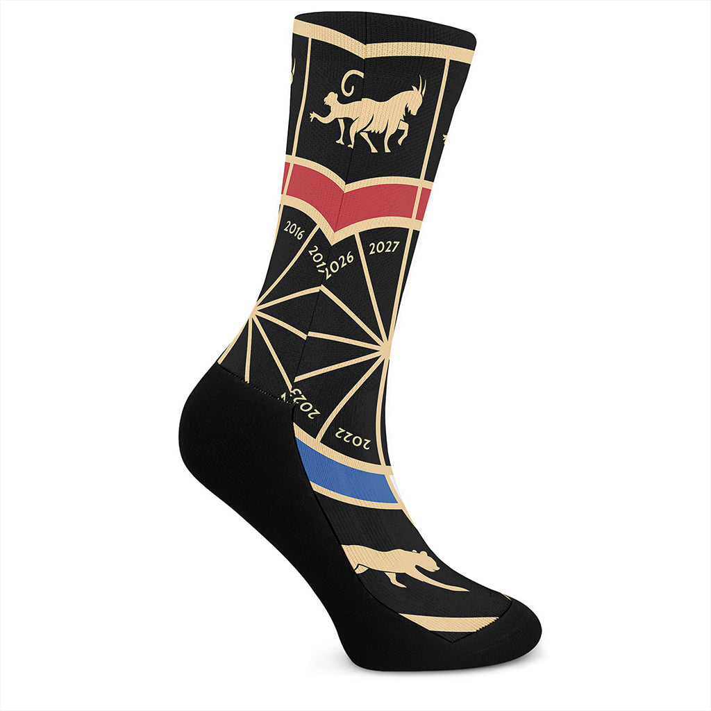 Chinese Zodiac Calendar Wheel Print Crew Socks