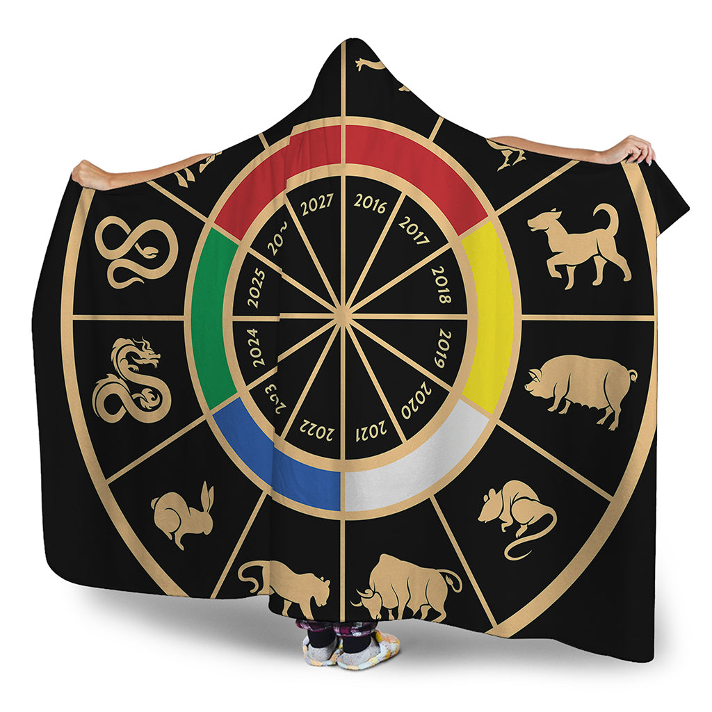 Chinese Zodiac Calendar Wheel Print Hooded Blanket