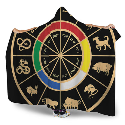 Chinese Zodiac Calendar Wheel Print Hooded Blanket