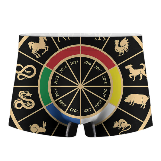 Chinese Zodiac Calendar Wheel Print Men's Boxer Briefs