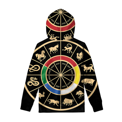 Chinese Zodiac Calendar Wheel Print Pullover Hoodie