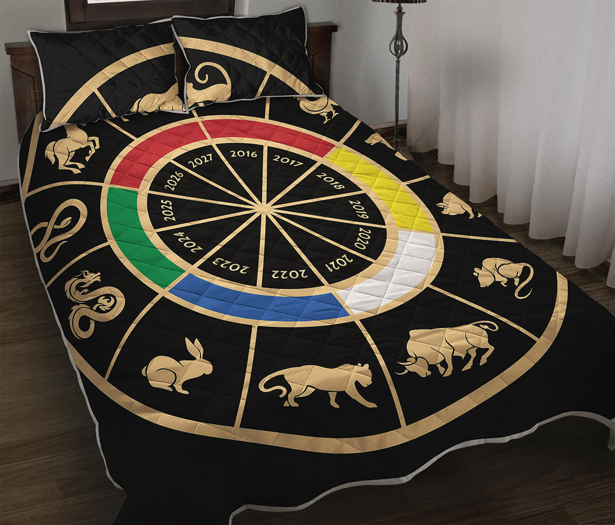 Chinese Zodiac Calendar Wheel Print Quilt Bed Set