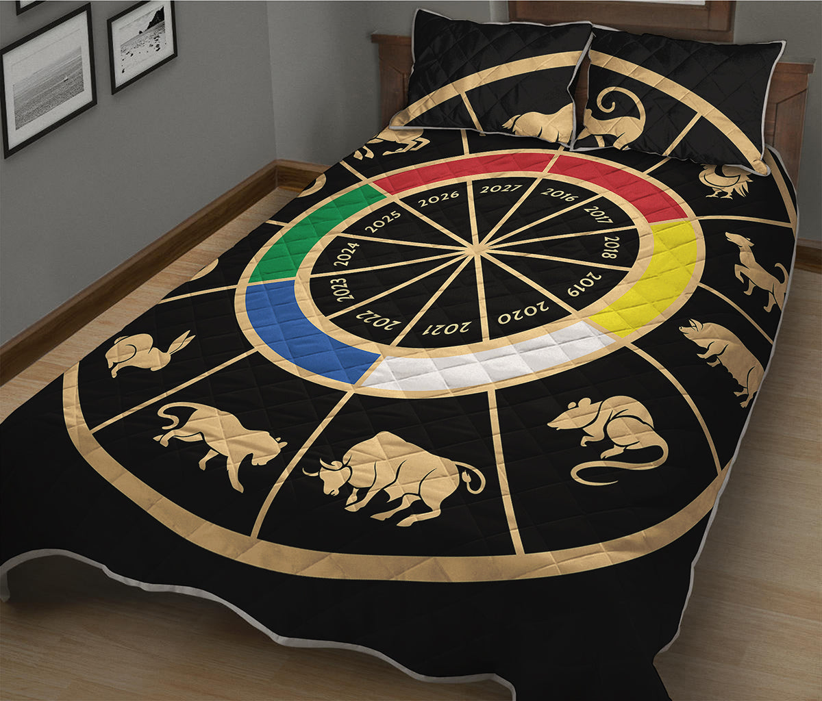 Chinese Zodiac Calendar Wheel Print Quilt Bed Set