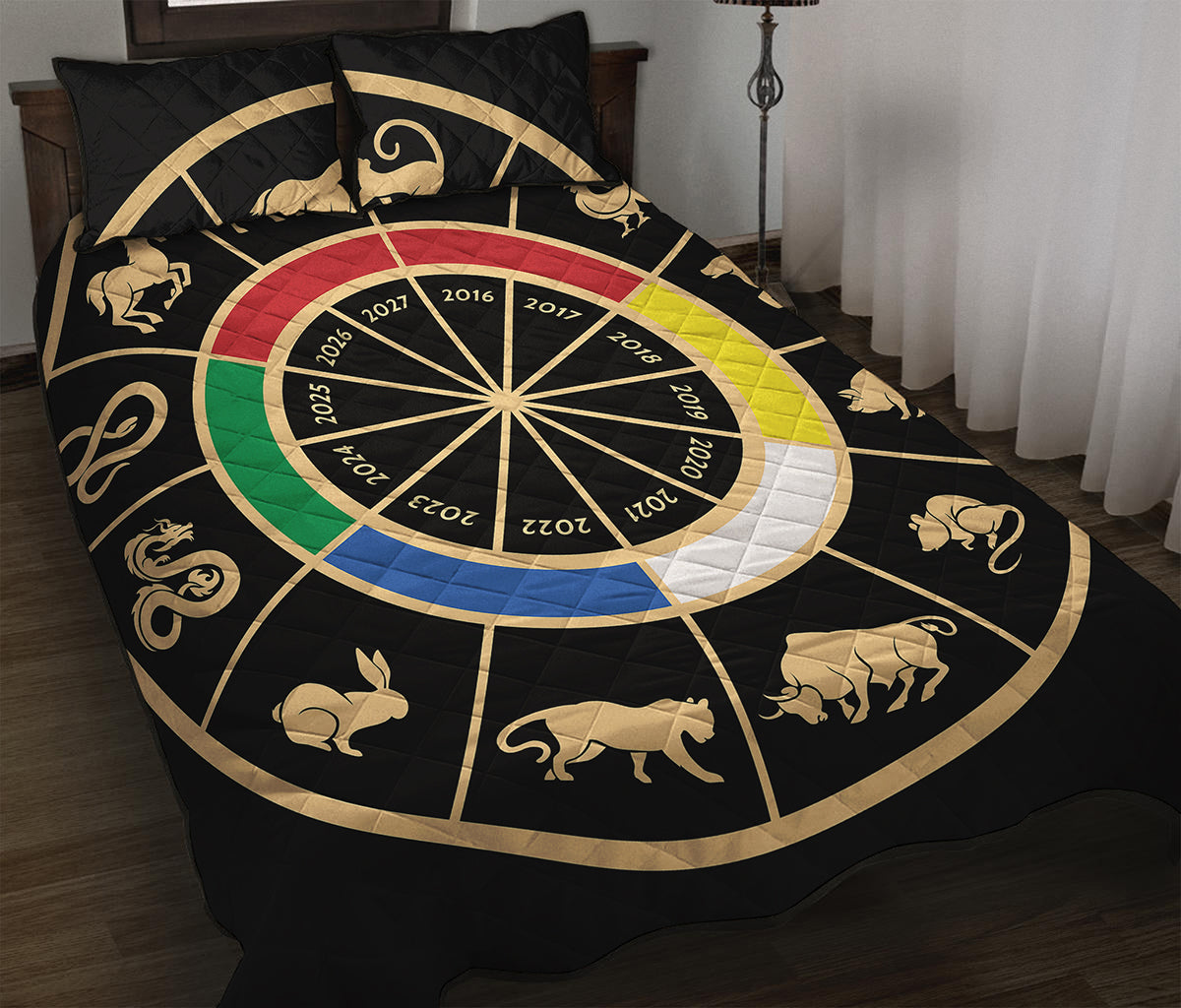 Chinese Zodiac Calendar Wheel Print Quilt Bed Set