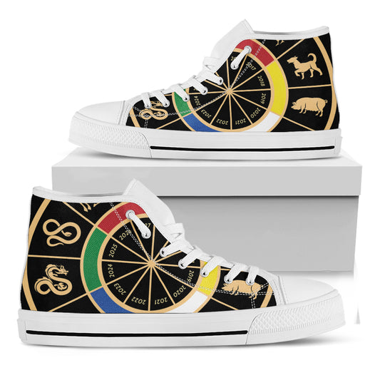 Chinese Zodiac Calendar Wheel Print White High Top Shoes