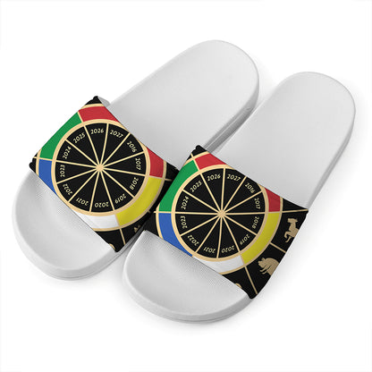 Chinese Zodiac Calendar Wheel Print White Slide Sandals