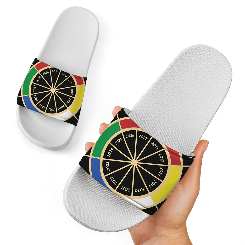 Chinese Zodiac Calendar Wheel Print White Slide Sandals