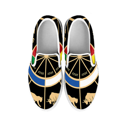 Chinese Zodiac Calendar Wheel Print White Slip On Shoes