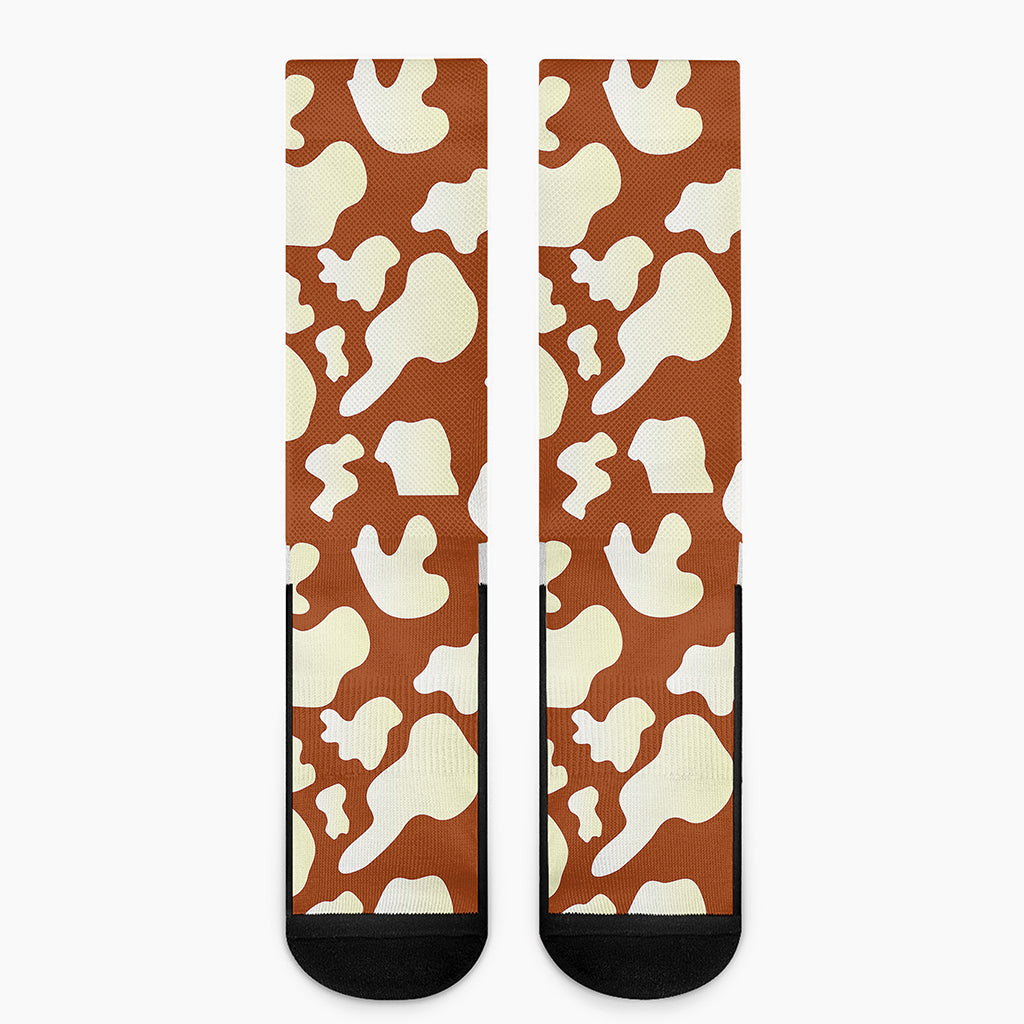 Chocolate And Milk Cow Print Crew Socks