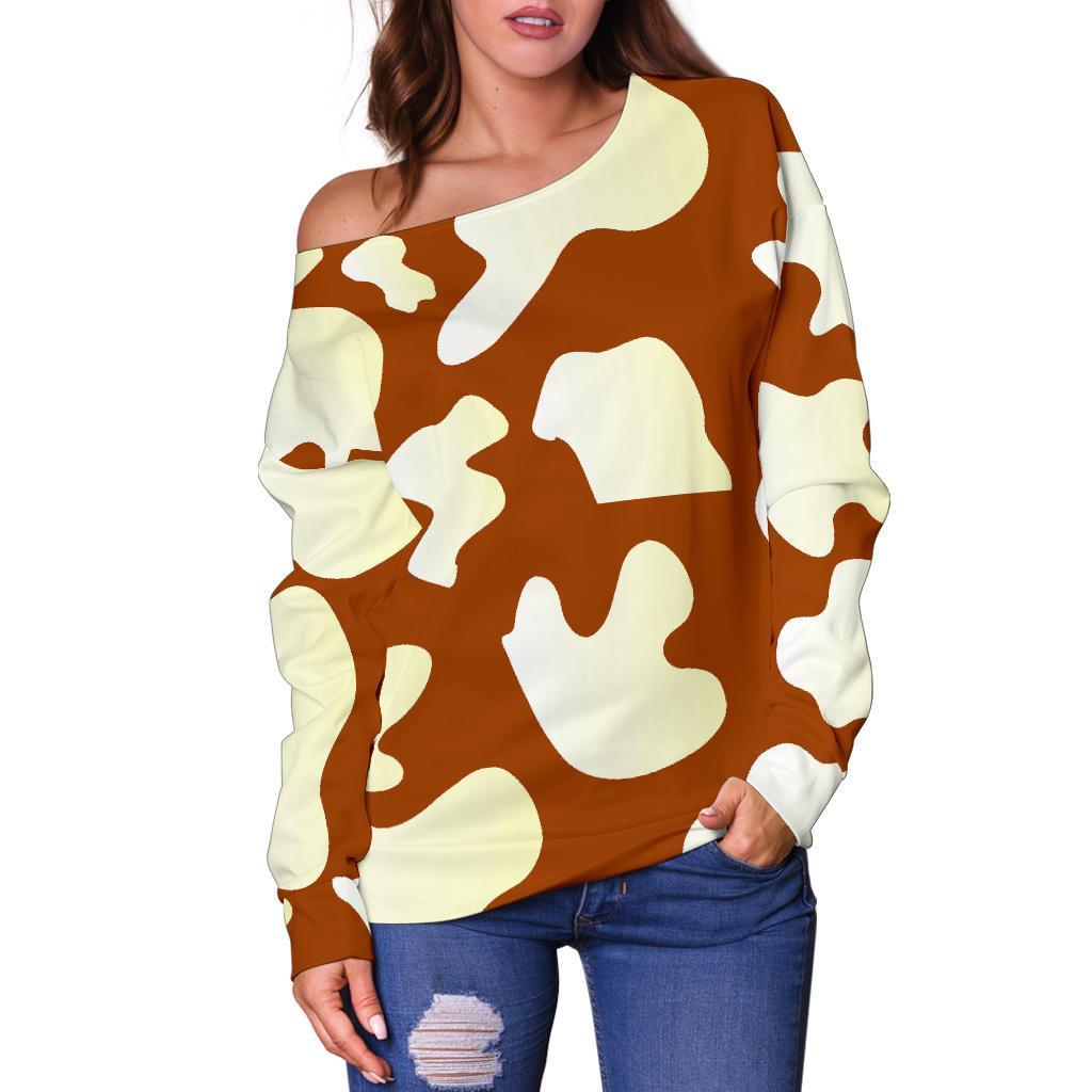 Chocolate And Milk Cow Print Off Shoulder Sweatshirt GearFrost