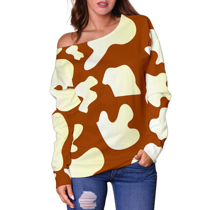 Chocolate And Milk Cow Print Off Shoulder Sweatshirt GearFrost
