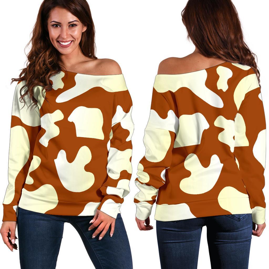 Chocolate And Milk Cow Print Off Shoulder Sweatshirt GearFrost