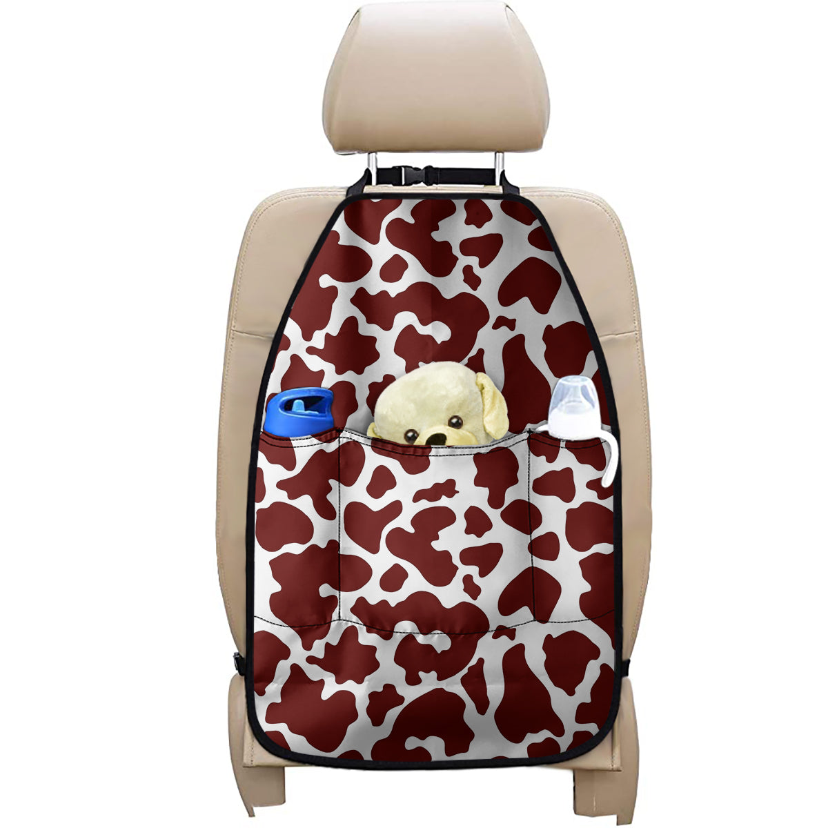 Chocolate Brown And White Cow Print Car Seat Organizers