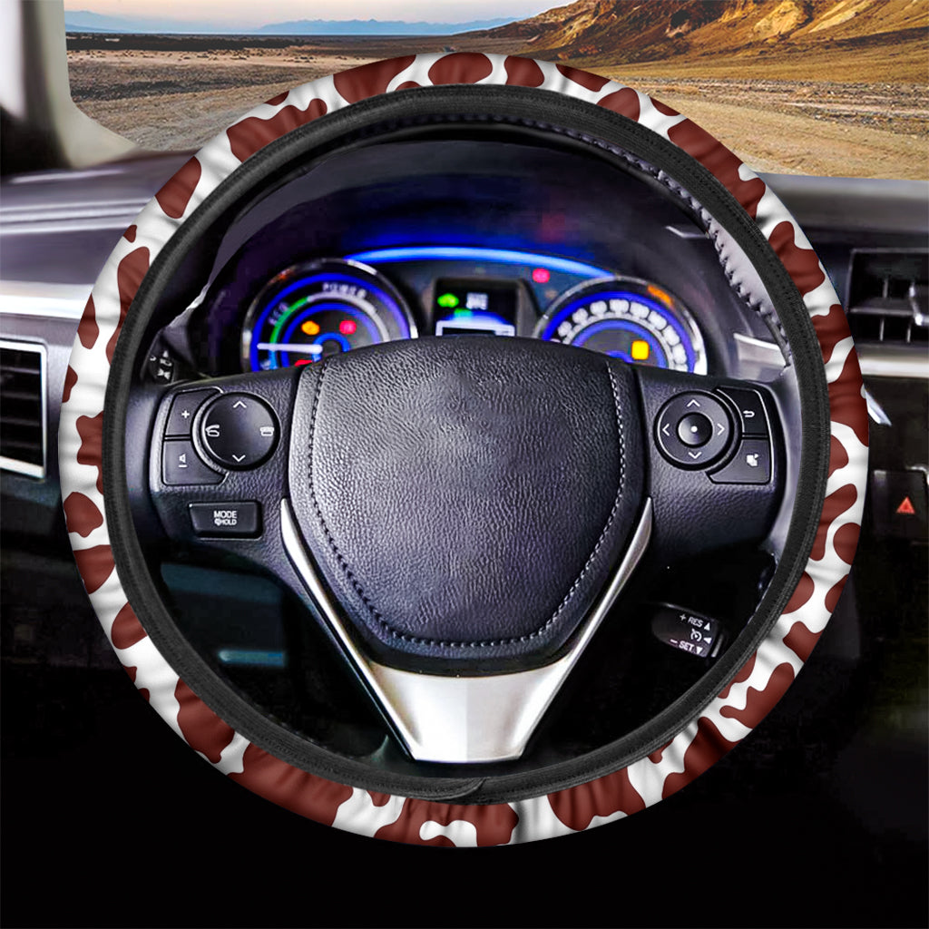 Chocolate Brown And White Cow Print Car Steering Wheel Cover