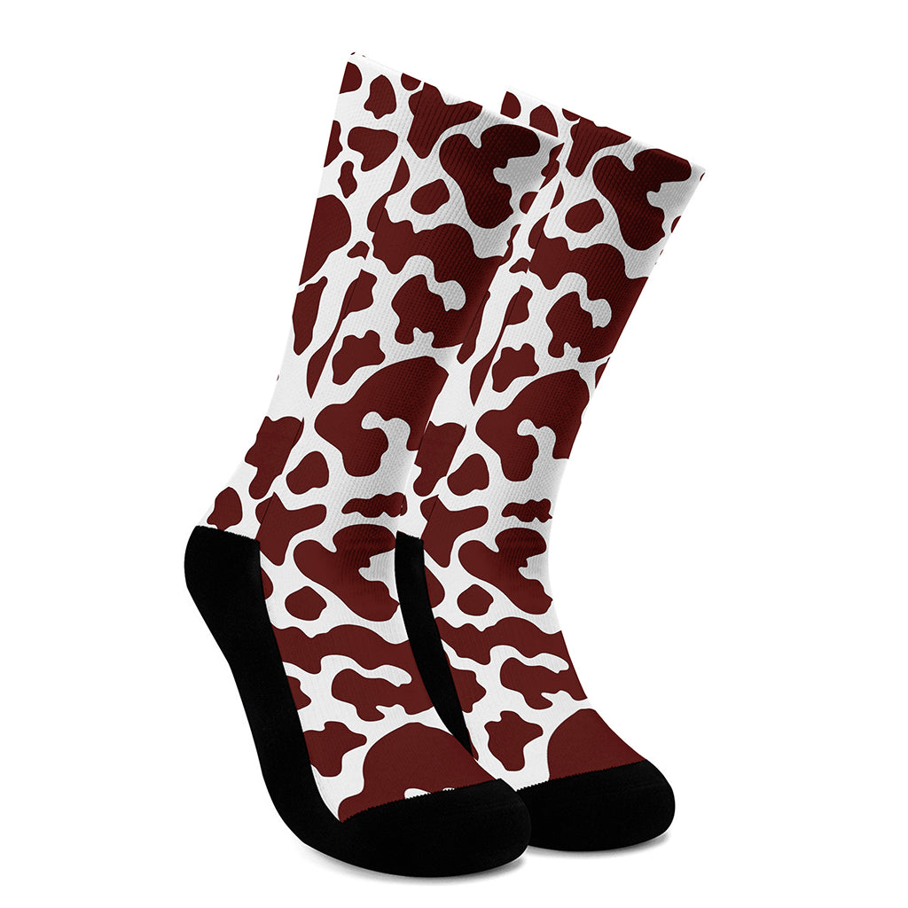 Chocolate Brown And White Cow Print Crew Socks