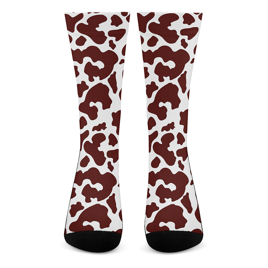 Chocolate Brown And White Cow Print Crew Socks