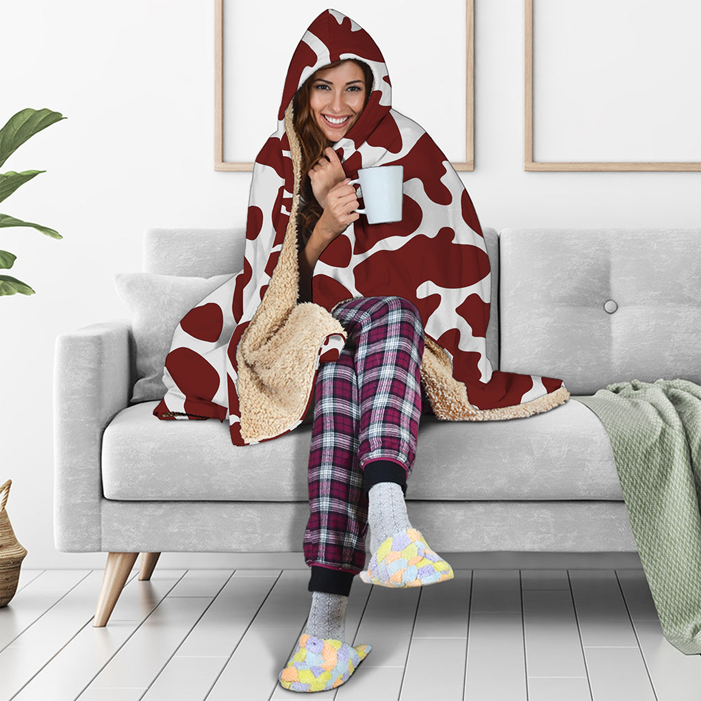 Chocolate Brown And White Cow Print Hooded Blanket