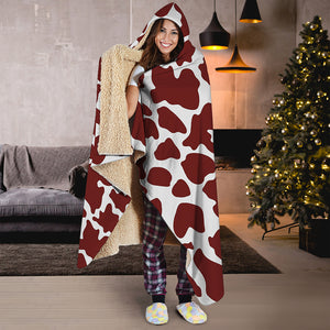 Chocolate Brown And White Cow Print Hooded Blanket