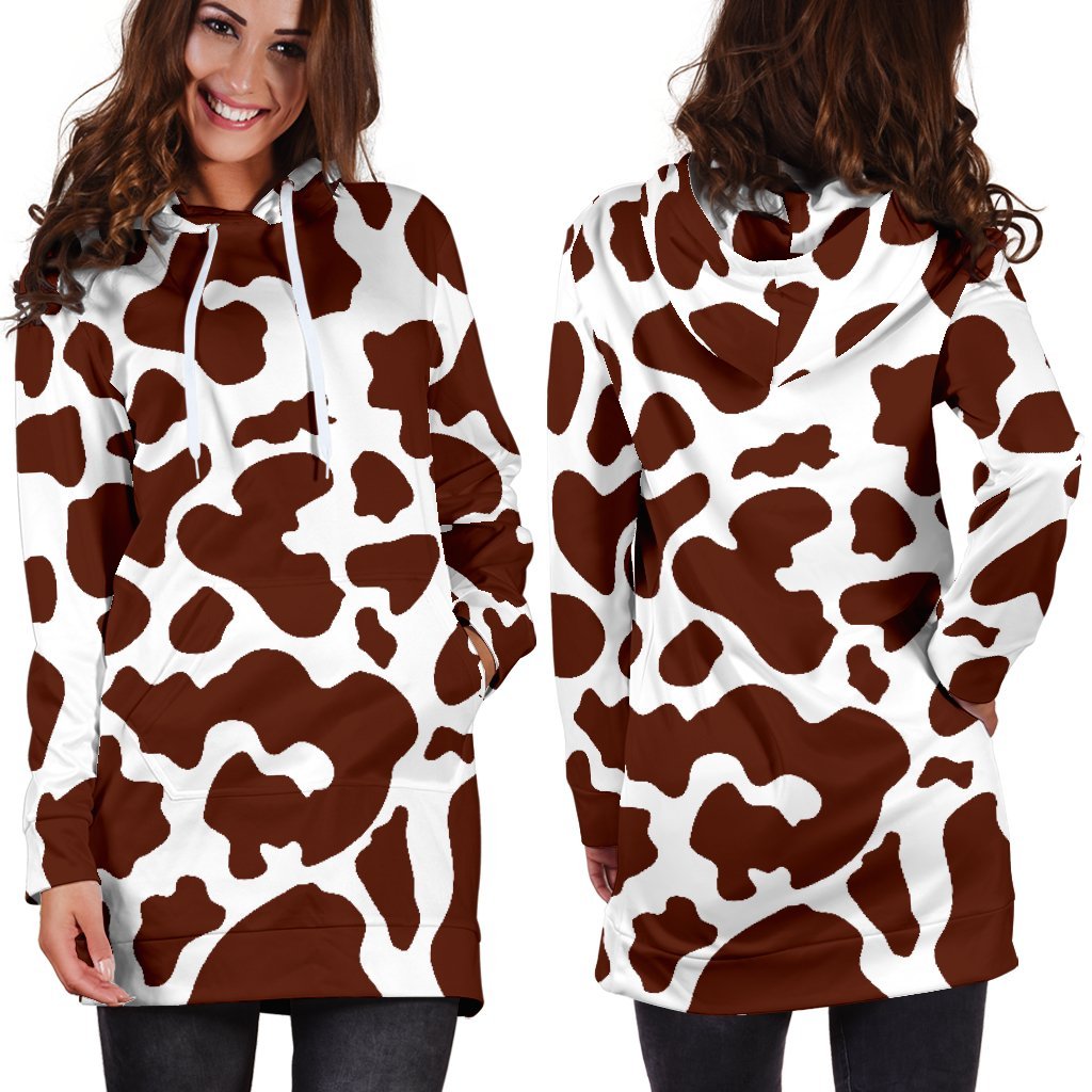 Chocolate Brown And White Cow Print Hoodie Dress GearFrost