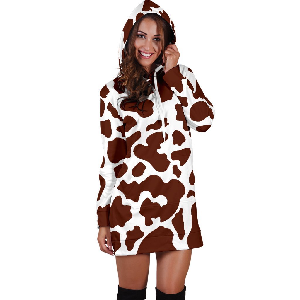 Chocolate Brown And White Cow Print Hoodie Dress GearFrost