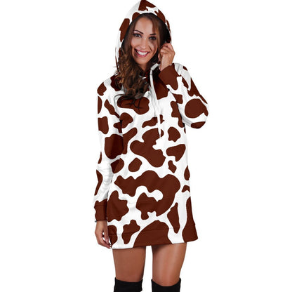 Chocolate Brown And White Cow Print Hoodie Dress GearFrost
