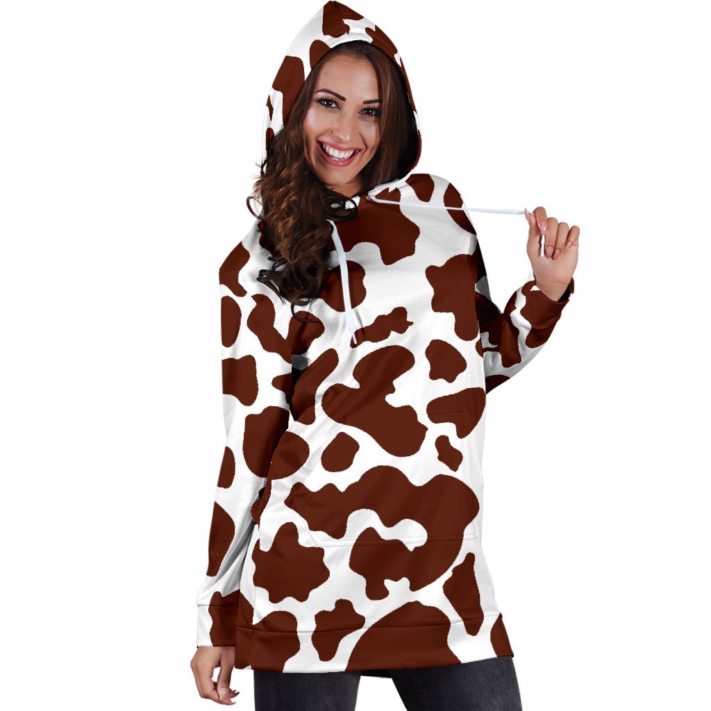 Chocolate Brown And White Cow Print Hoodie Dress GearFrost