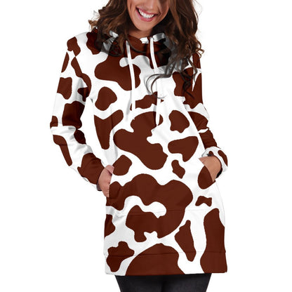 Chocolate Brown And White Cow Print Hoodie Dress GearFrost