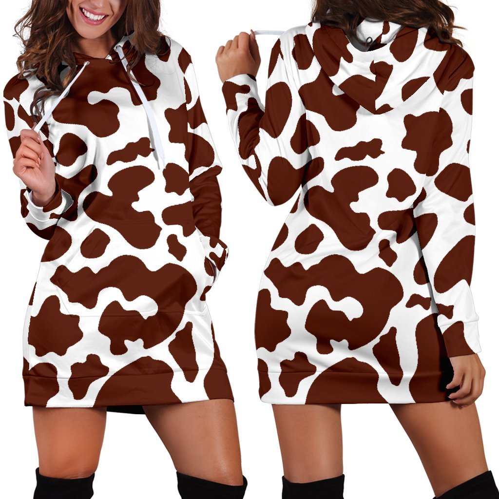 Chocolate Brown And White Cow Print Hoodie Dress GearFrost