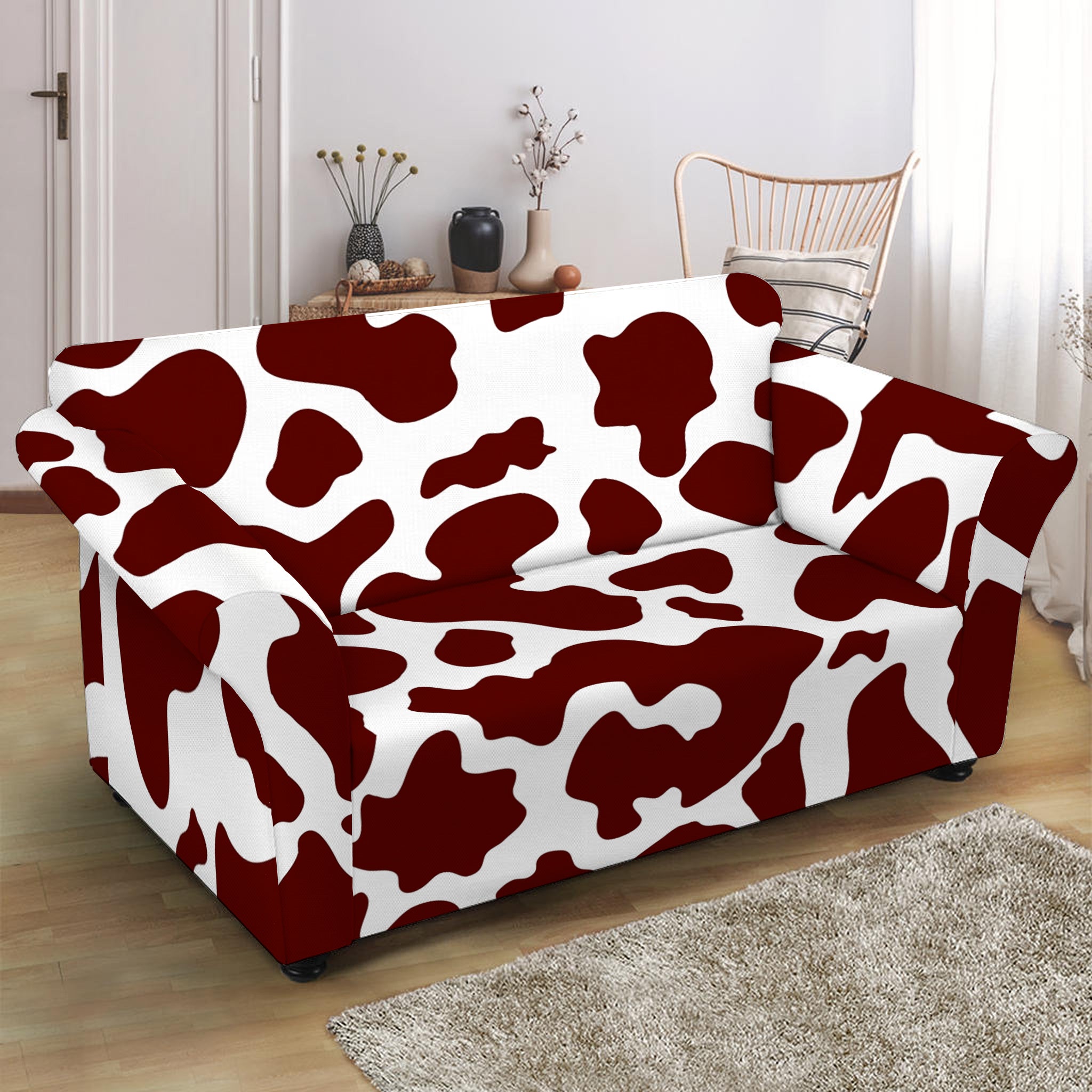 Chocolate Brown And White Cow Print Loveseat Slipcover