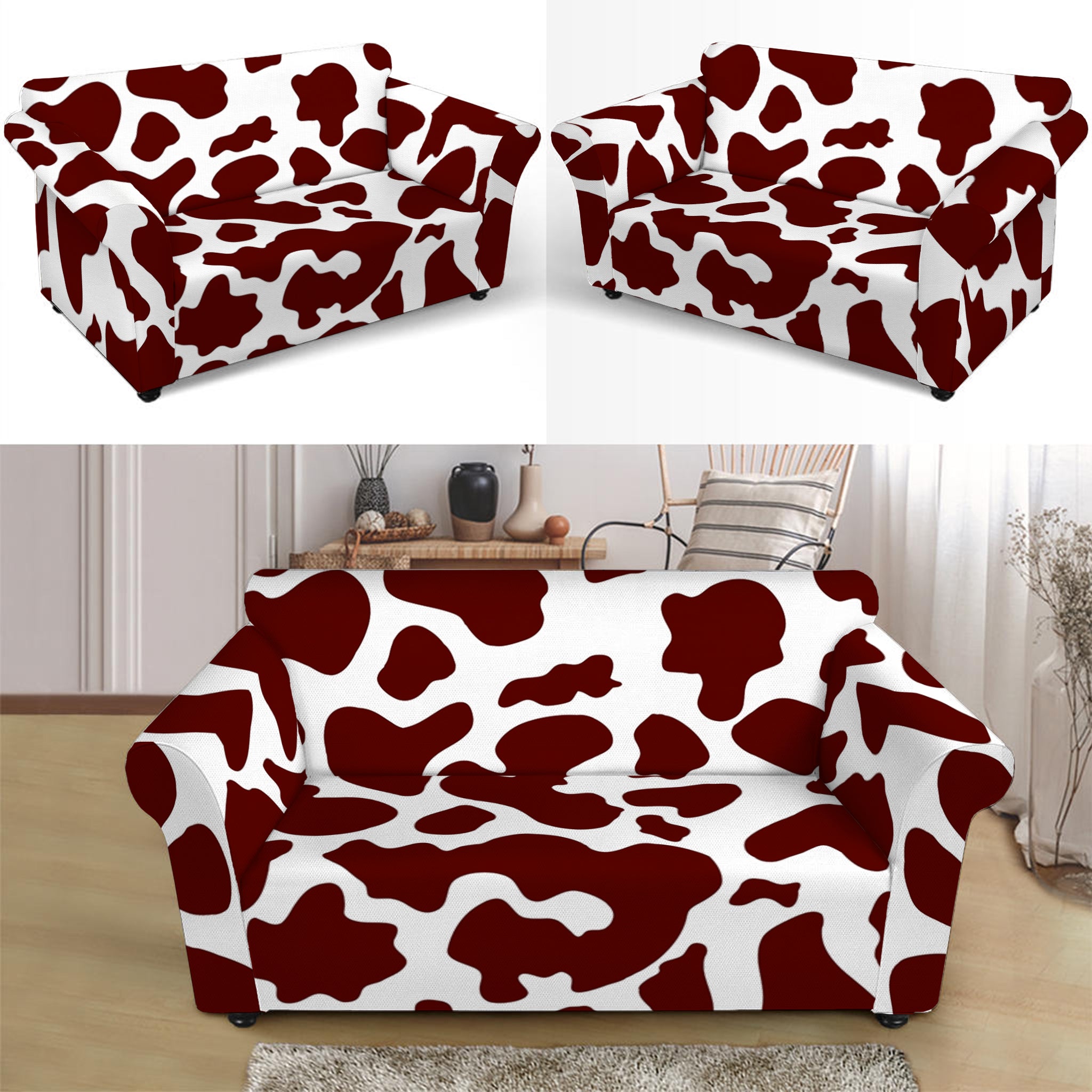 Chocolate Brown And White Cow Print Loveseat Slipcover