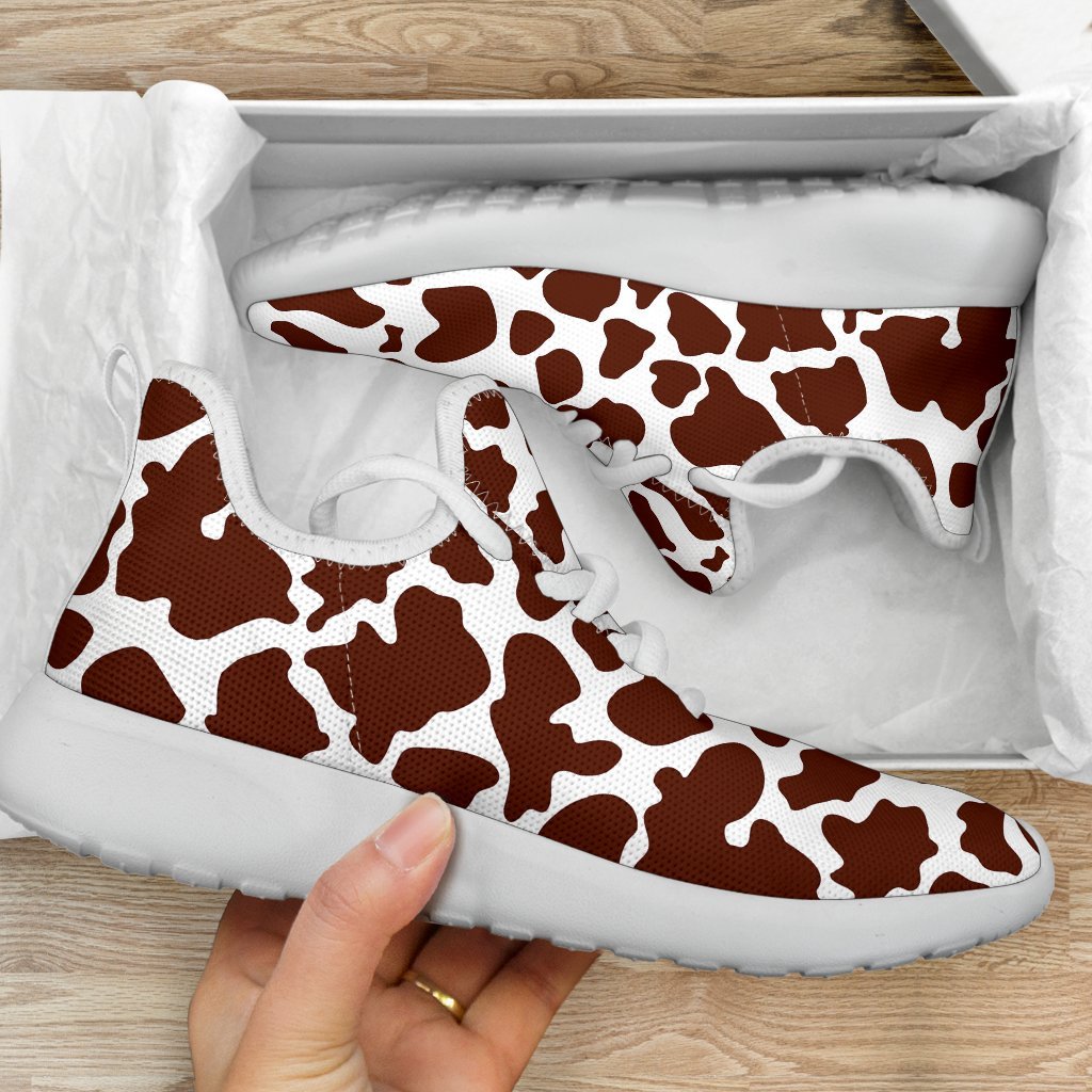 Chocolate Brown And White Cow Print Mesh Knit Shoes GearFrost