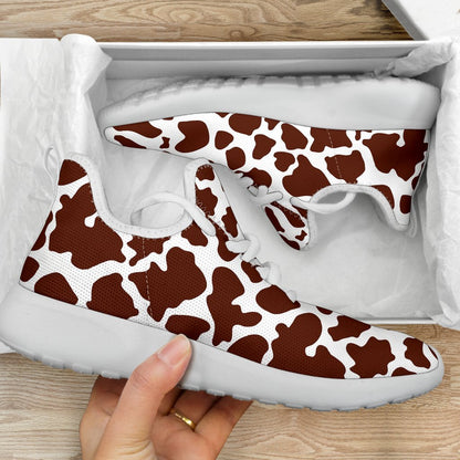 Chocolate Brown And White Cow Print Mesh Knit Shoes GearFrost