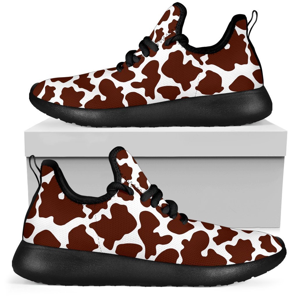 Chocolate Brown And White Cow Print Mesh Knit Shoes GearFrost
