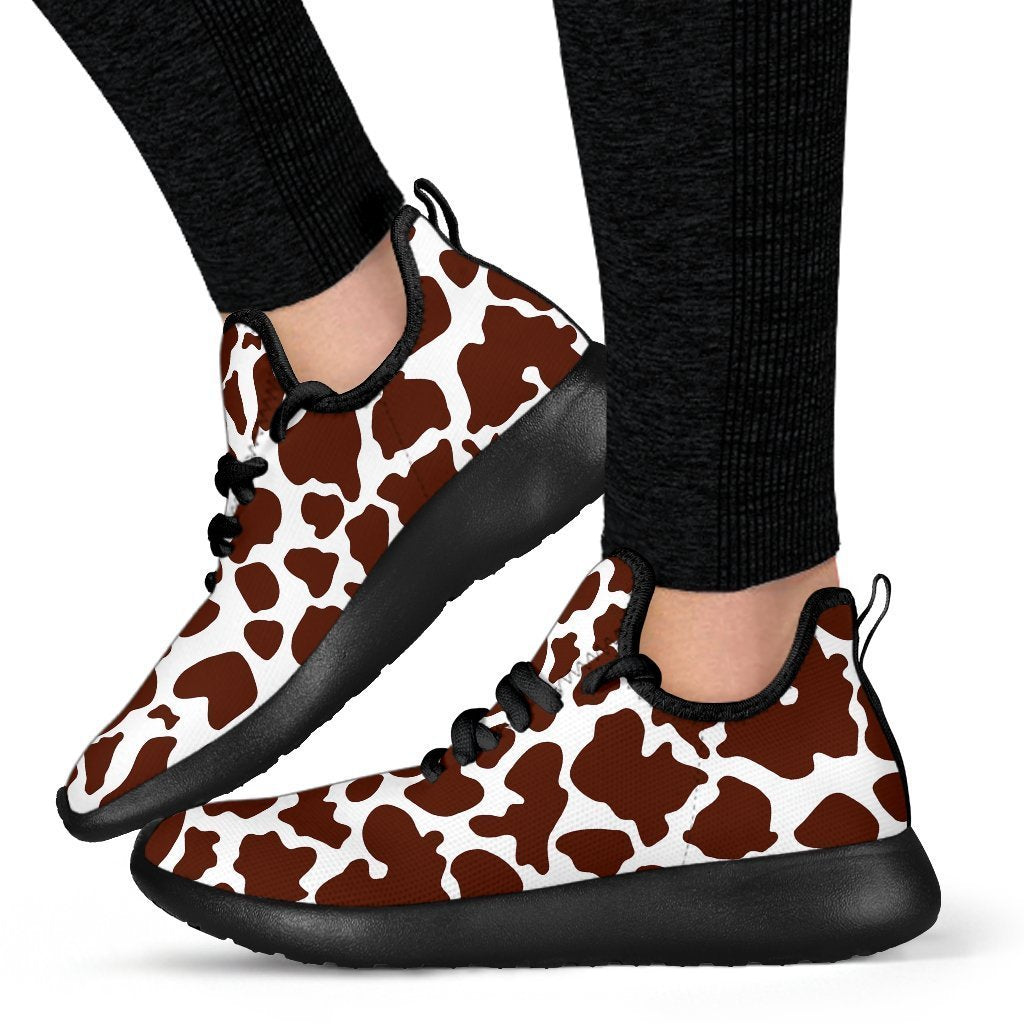 Chocolate Brown And White Cow Print Mesh Knit Shoes GearFrost