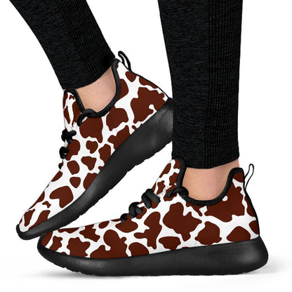Chocolate Brown And White Cow Print Mesh Knit Shoes GearFrost