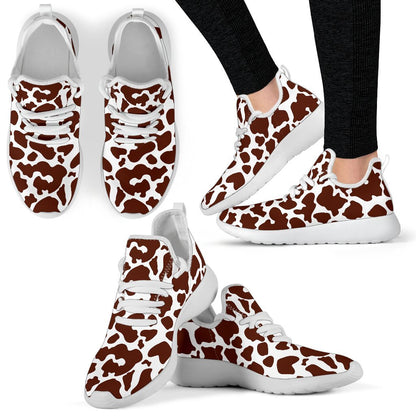 Chocolate Brown And White Cow Print Mesh Knit Shoes GearFrost